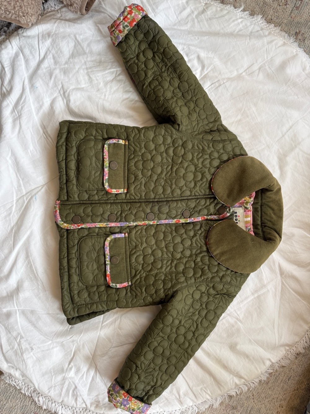 Mini Boden Quilted Olive Green Jacket with Floral Trim
